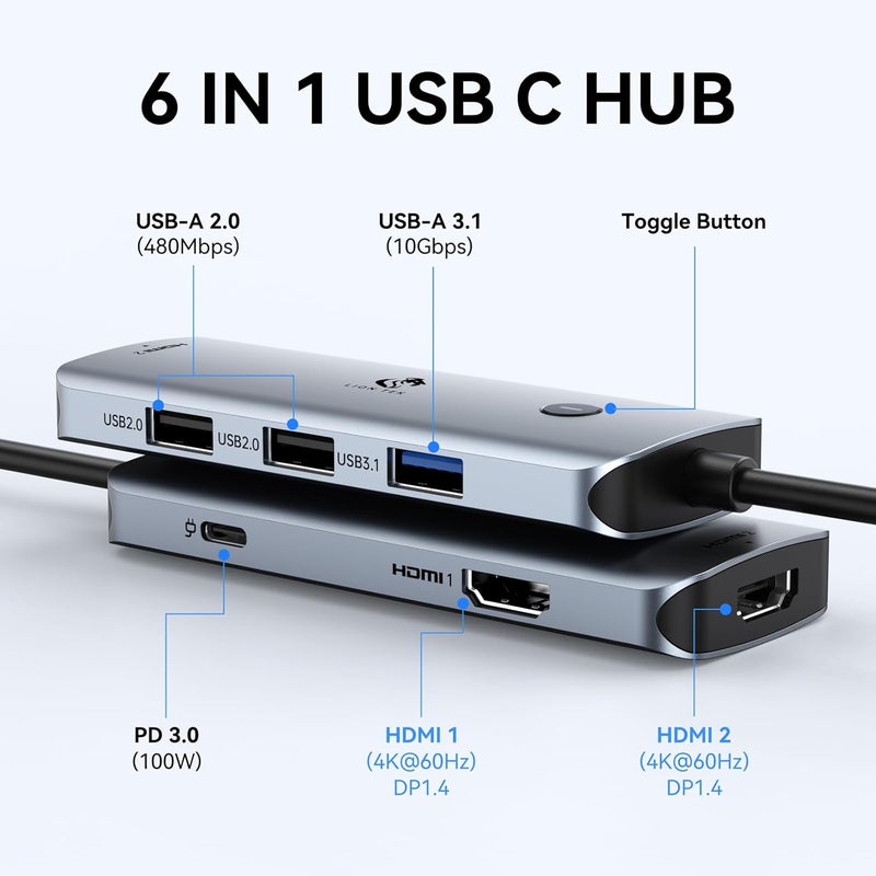 LIONWEI USB C Docking Station Dual Monitor, Laptop USBC Dock Multiport Adapter with 2 4K HDMI, 3 USB-A/3.0/2.0, 100W Power Delivery, 6-in-1 for MacBook/Surface/Lenovo/Dell/HP - Image 2